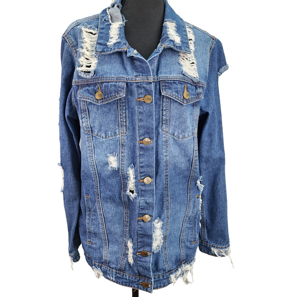 Mono B Longline Denim Jacket Women’s Large Distressed Destroyed Blue Jean Coat - Picture 2 of 14